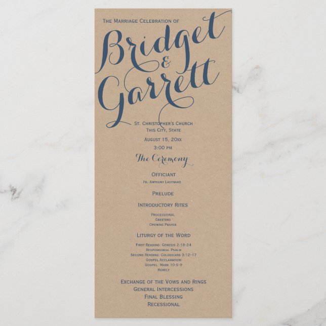 Designer Text Wedding Programme Kraft Look (Devant)