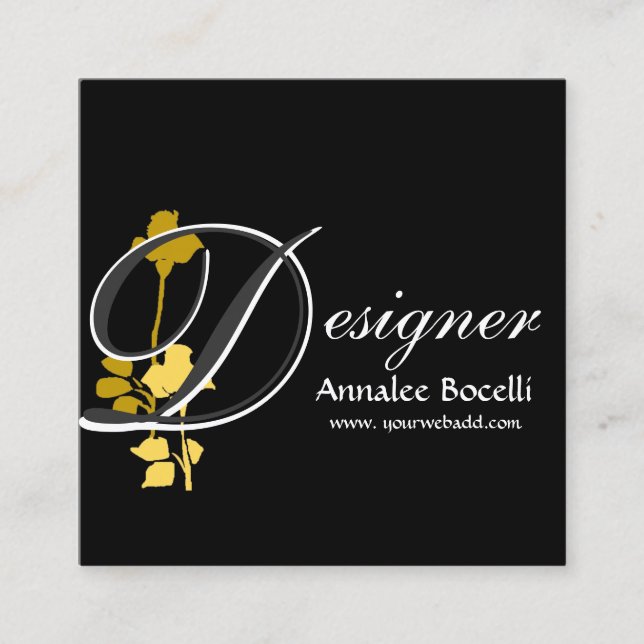 Designer Yellow Rose Floral on Black Monogram Square Business Card (Front)