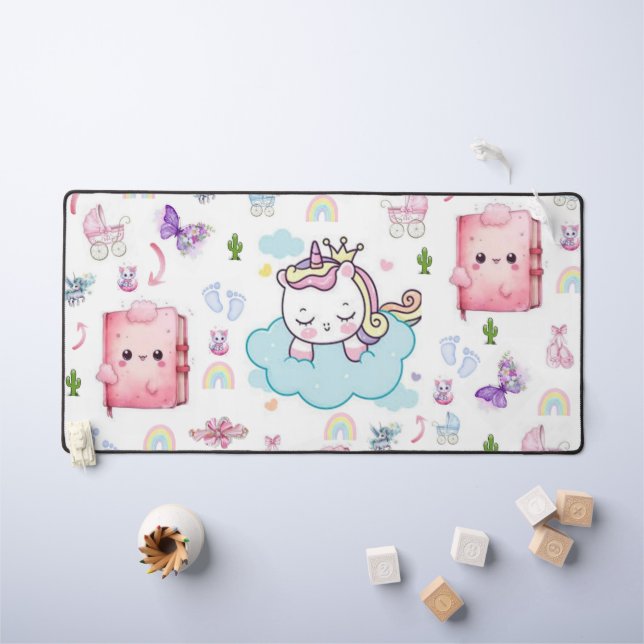 Desk Mat Blue, Pink Unicorn Rainbow Cat  (Kids Table)