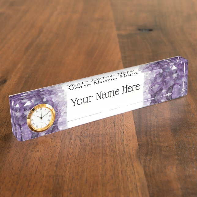 Desk Name Plate w/ Clock Option Amethyst Crystals (Side)