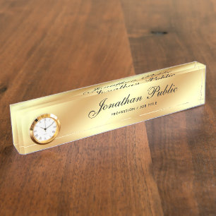 Desk Name Plate With Clock Faux Gold Handwritten