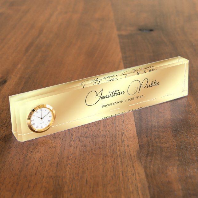 Desk Name Plate With Clock Faux Gold Typography (Side)