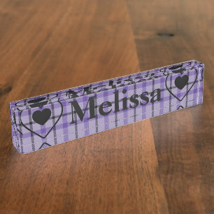Desk Nameplate - HAMbyWG - Purple Plaid Hearts