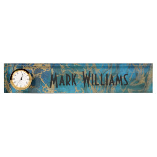 Desk Nameplate with Clock/Blue and Gold Marble