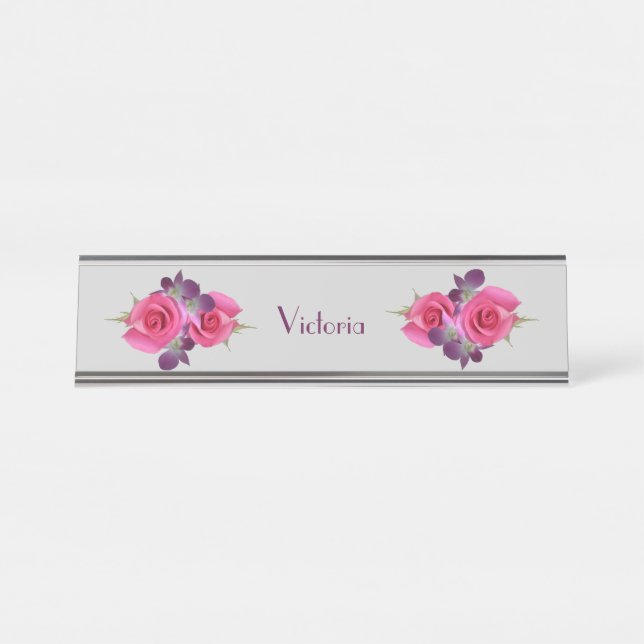 Desk or Hanging Name Plate Pink Roses Orchids (Front)
