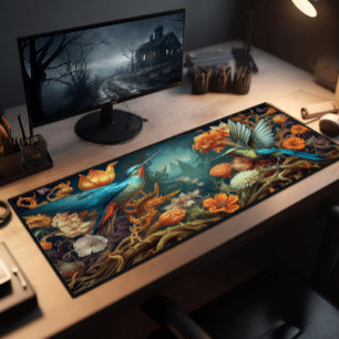 Desk Pad, Hummingbirds In Teal And Wildflowers Desk Mat