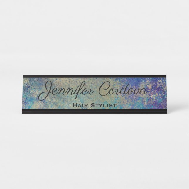 Desk Sign Peacock Teal Abstract Name Plate (Front)