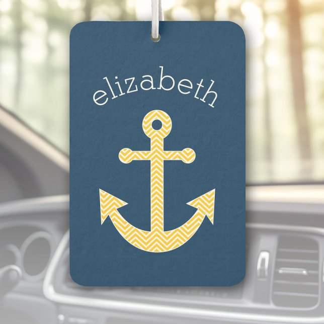 Désodorisant Pour Voiture Ancre nautique avec Motif de Navy Jaune Chevron (Custom Air Freshener with name)