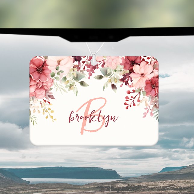 Désodorisant Pour Voiture Blush Pink Burgundy Floral Script Monogram (Créateur téléchargé)