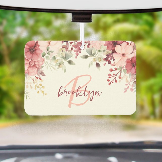 Désodorisant Pour Voiture Blush Pink Burgundy Floral Script Monogram (Créateur téléchargé)