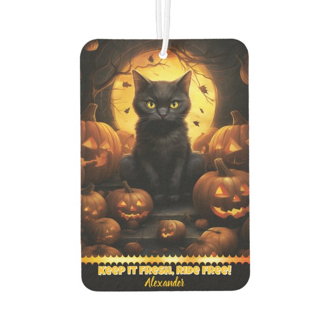 Désodorisant Pour Voiture Chat noir parmi les citrouilles brillants (Dos)