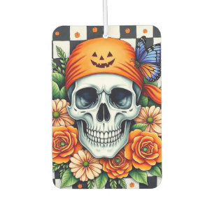 Désodorisant Pour Voiture Crâne avec bandana orange et roses à carreaux