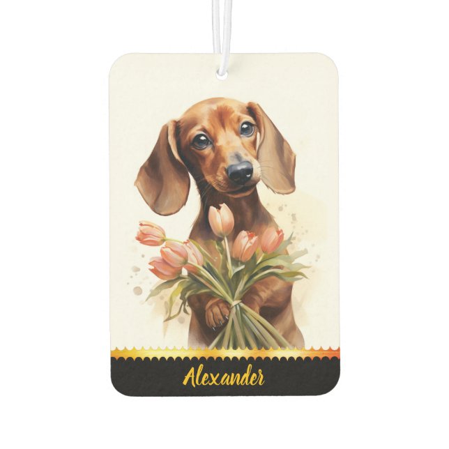 Désodorisant Pour Voiture Dachshund avec tulipes dans le jardin ensoleillé, (Dos)