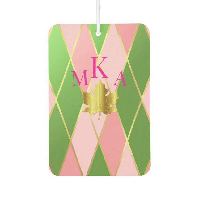 Désodorisant Pour Voiture Élégant Monogramme de Jacquard rose et vert (Devant)