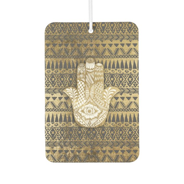 Désodorisant Pour Voiture Faux Print Gold Hamsa main et Tribal Aztec (Devant)