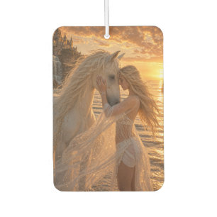 Désodorisant Pour Voiture Femme fantastique avec cheval blanc au coucher du