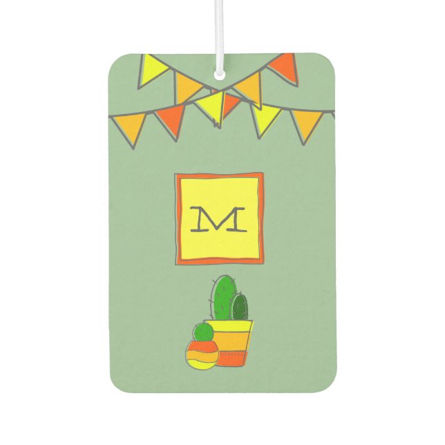 Désodorisant Pour Voiture Fiesta Festive Monogramme + Cactus À Main Cute (Devant)