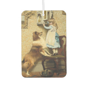 Désodorisant Pour Voiture Fille Vintage et Art de Chien Sheltie Lieu Secret