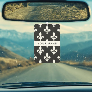 Désodorisant Pour Voiture Fleur de Lis, Blanc sur Noir, Blanc, Votre Nom