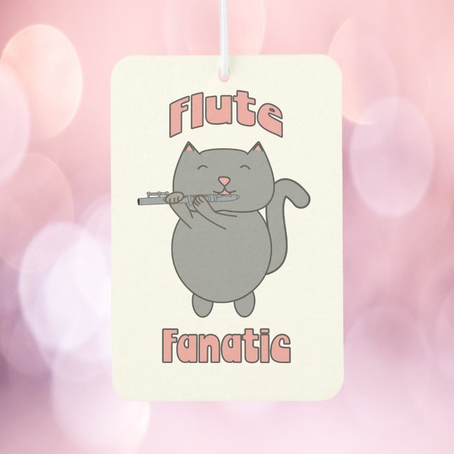 Désodorisant Pour Voiture Flute Fanatic Gray Cat Pink (An air freshener featuring a gray cat playing the flute with the words flute fanatic in pink.)