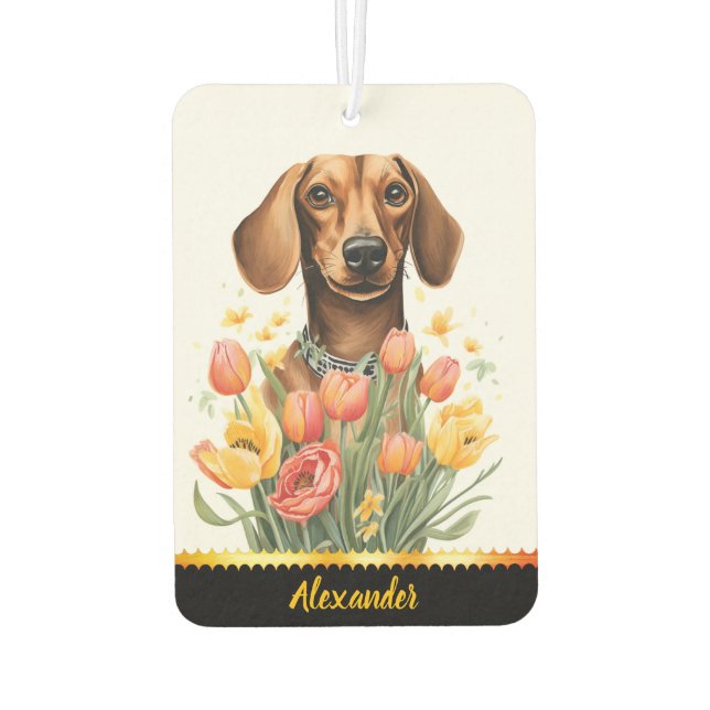 Désodorisant Pour Voiture Joyeux Dachshund et fleurs (Dos)