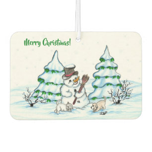 Désodorisant Pour Voiture Joyeux Noël ! Snowman avec chat et chiot