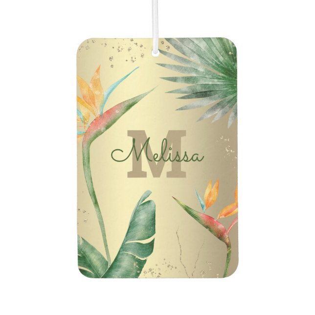 Désodorisant Pour Voiture Monogramme Gold Tropical Palm Foliage Script flora (Devant)