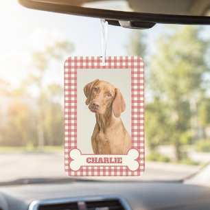 Désodorisant Pour Voiture Photo de chien avec nom dans un os sur carreaux ro