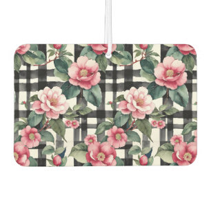 Désodorisant Pour Voiture Plaqué noir et blanc avec Camellias rose feuillus