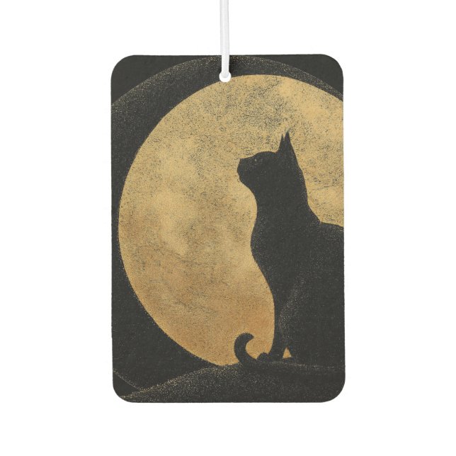 Désodorisant Pour Voiture Silhouette de chat noir contre une lune d'or (Devant)