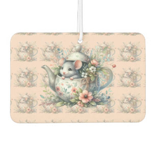 Désodorisant Pour Voiture Souris mignonne en théière florale Illustration