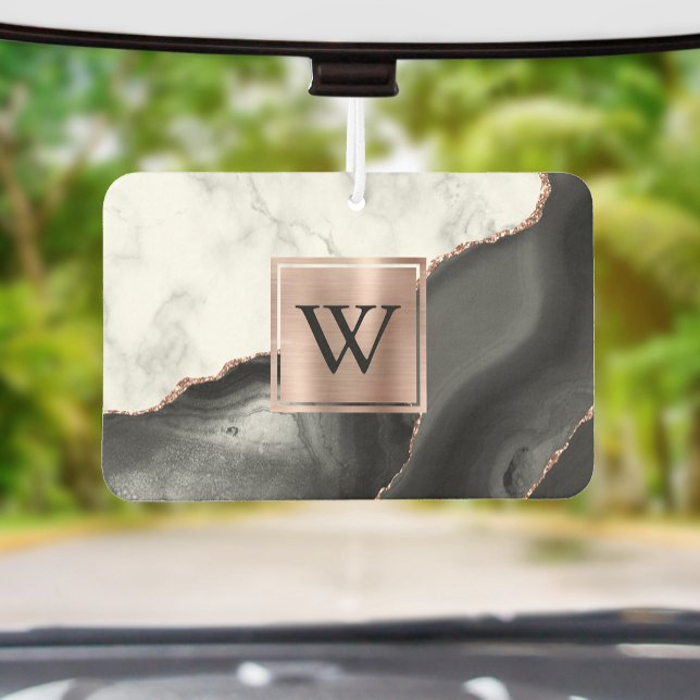 Désodorisant Pour Voiture White Marble Rose Gold Black Agate Monogram (Créateur téléchargé)