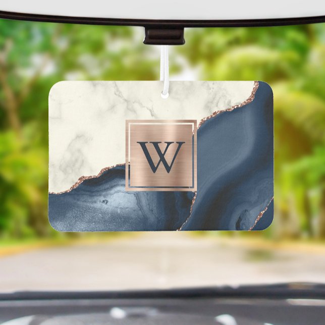 Désodorisant Pour Voiture White Marble Rose Gold Navy Blue Agate Monogram (Créateur téléchargé)