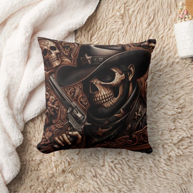 Desperado Death: Gun-Wielding Skull in Cowboy Hat Throw Pillow (Blanket)