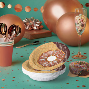 Dessert,Doughnut Choco Glaze, Chocolate Melted Paper Plate