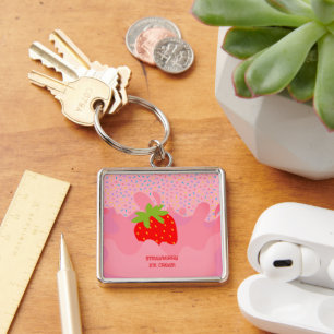 Dessert, Strawberry Ice Cream, Rainbow Sprinkle Keychain