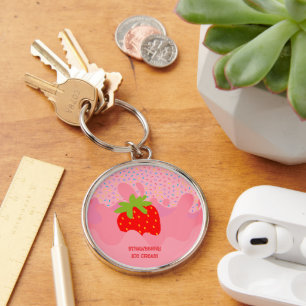 Dessert, Strawberry Ice Cream, Rainbow Sprinkle Keychain