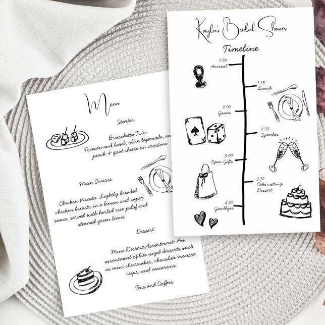 Dessin à la main - menu chronologie de la douche d (Hand drawn scribble sketch minimalist handwriting black and white bridal shower timeline menu card)