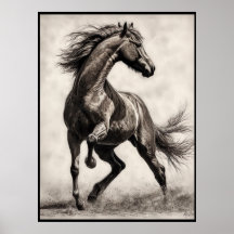 Dessin de cheval, affiche au crayon de charbon