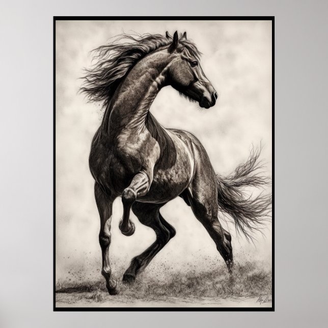 Dessin de cheval, affiche au crayon de charbon (Devant)