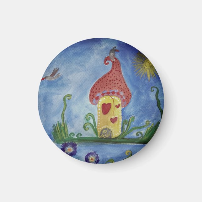 Dessin De Maison Whimsical Petit, Aimant Rond De 3 (Devant)