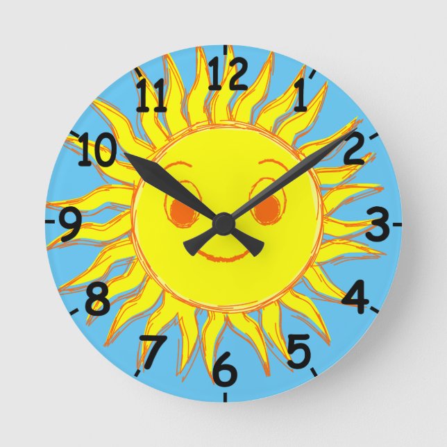 Dessin de visage de soleil heureux sur horloge ron (Recto)