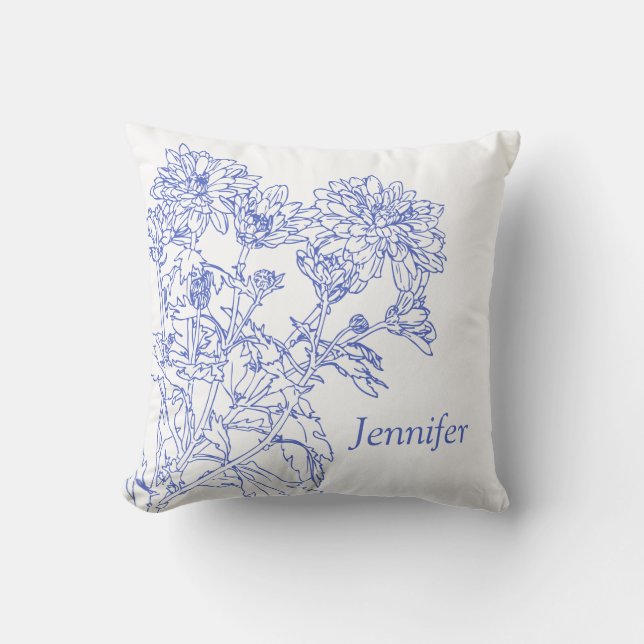 dessin graphique bleu Chrysanthemums coussin perso (Recto)