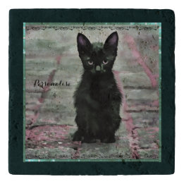 Dessous-de-plat Cute Chat Kitten Noir Vert rose Pierre Rustique