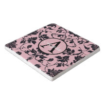 Monogramme moderne Rose rose et noir Damask
