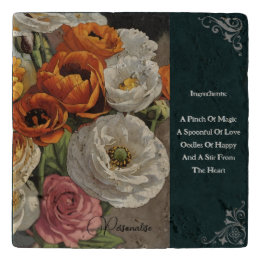 Dessous-de-plat Peonies Fleurs Menu Vintage Pierre Verte Rustique