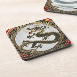 Dessous-de-verre [200] Dragon oriental sacré noir et or
