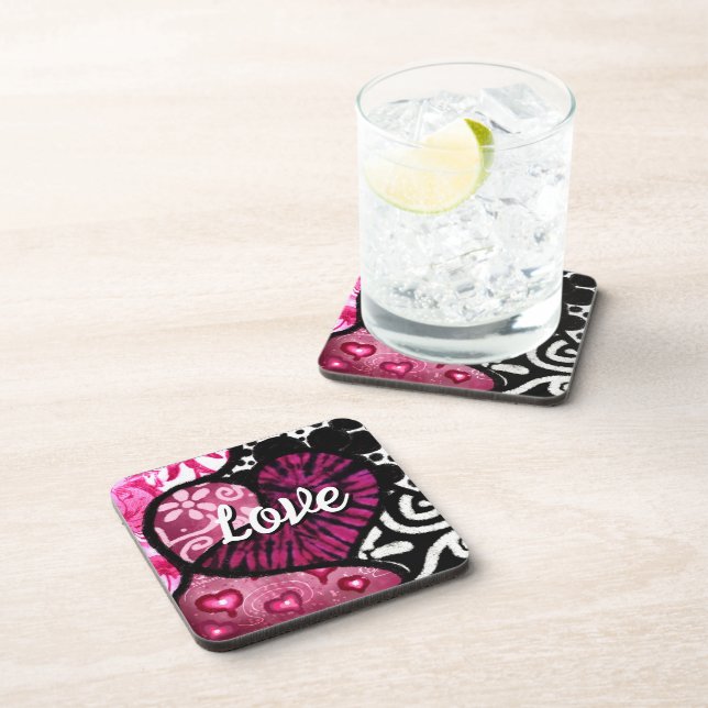 Dessous-de-verre Abstrait coeur d'amour rose Floral Pois noir (Côté Droit)