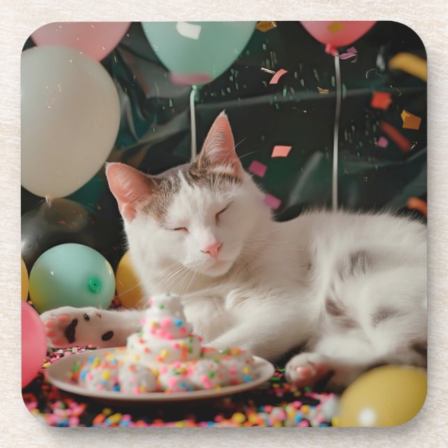 Dessous-de-verre Adorable Chat Anniversaire Design de fête (Devant)