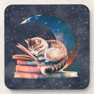 Dessous-de-verre Adorable Chat sur la Lune Lire un livre